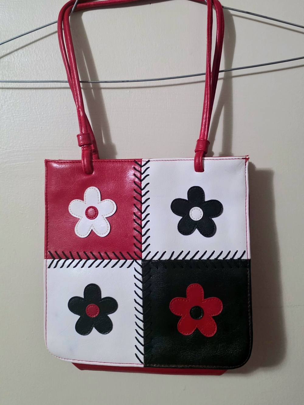 Red, Black & White Floral Patchwork Shoulder Bag